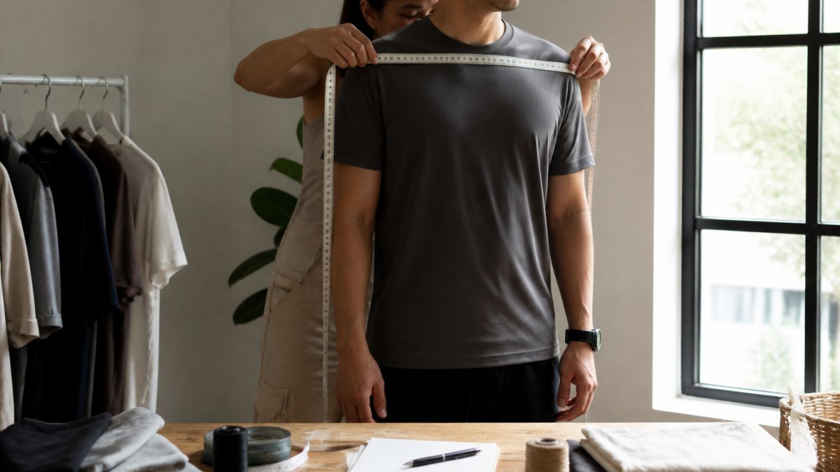 Person wearing a well-fitted unisex t-shirt demonstrating proper measurement technique, with soft measuring tape positioned across shoulders and chest, standing in natural window light to show how the garment drapes
