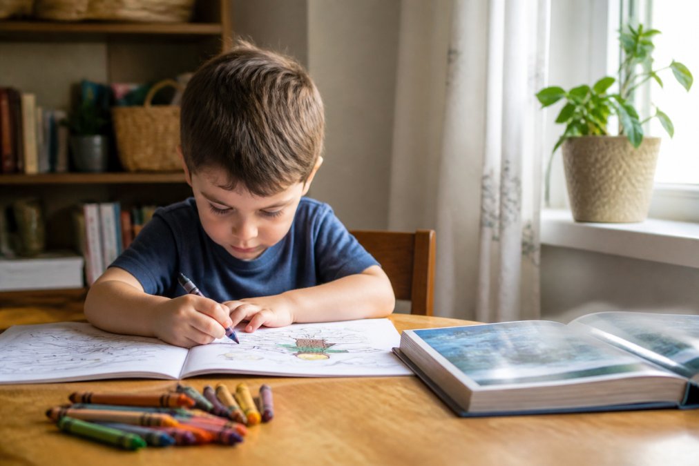 A young child sitting at a wooden table coloring an activity book with crayons, a storybook open beside them, warm natural light from a window