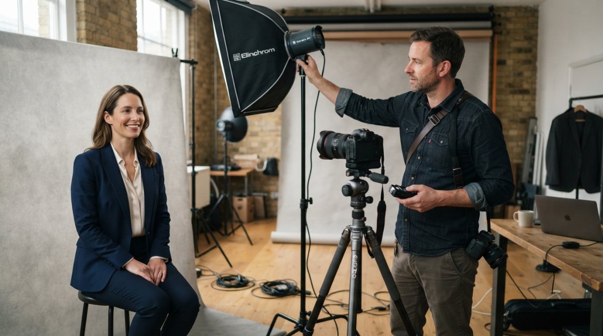 Professional in business attire during a headshot session with photographer adjusting studio lighting and camera setup
