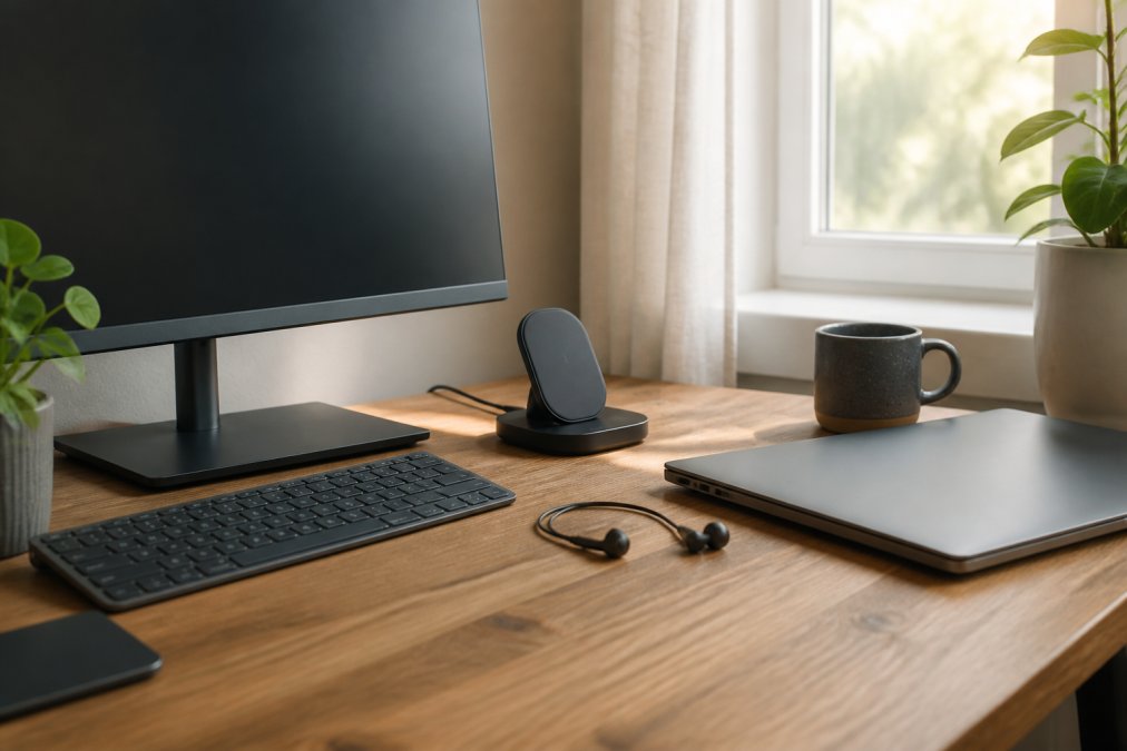 Tidy desk with home office tech including a monitor, wireless charger, and headphones in soft morning light