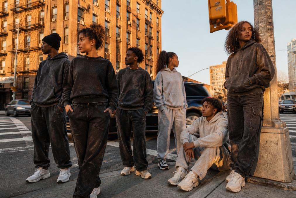 Diverse group of young adults wearing bold, locally-designed streetwear pieces gathered together on an urban street corner at golden hour, displaying confident posture and authentic style expressions that reflect their shared community