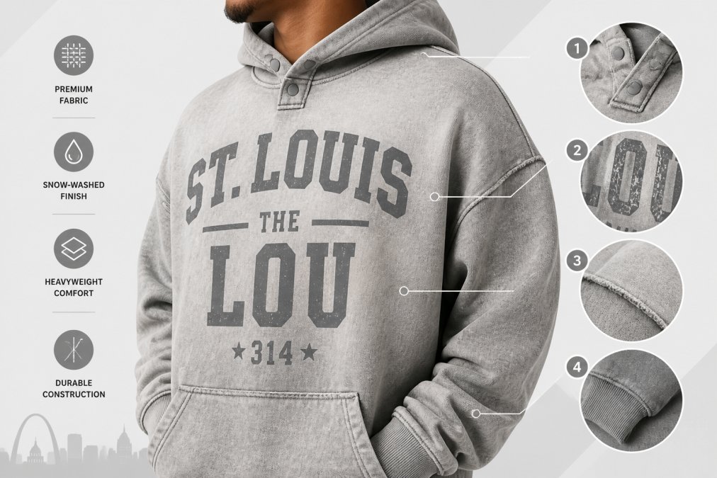 Close-up of someone wearing premium urban apparel featuring distinctive city graphics and snow-washed textures, showing the detailed craftsmanship and fabric quality in natural daylight