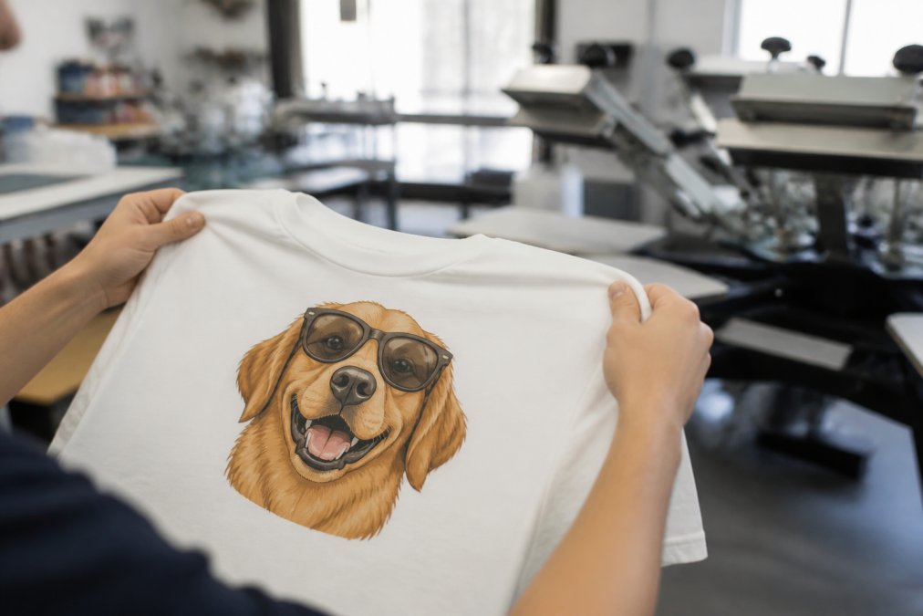Close-up of hands holding a soft, high-quality cotton t-shirt with a humorous dog design, with a blurred background of a print studio