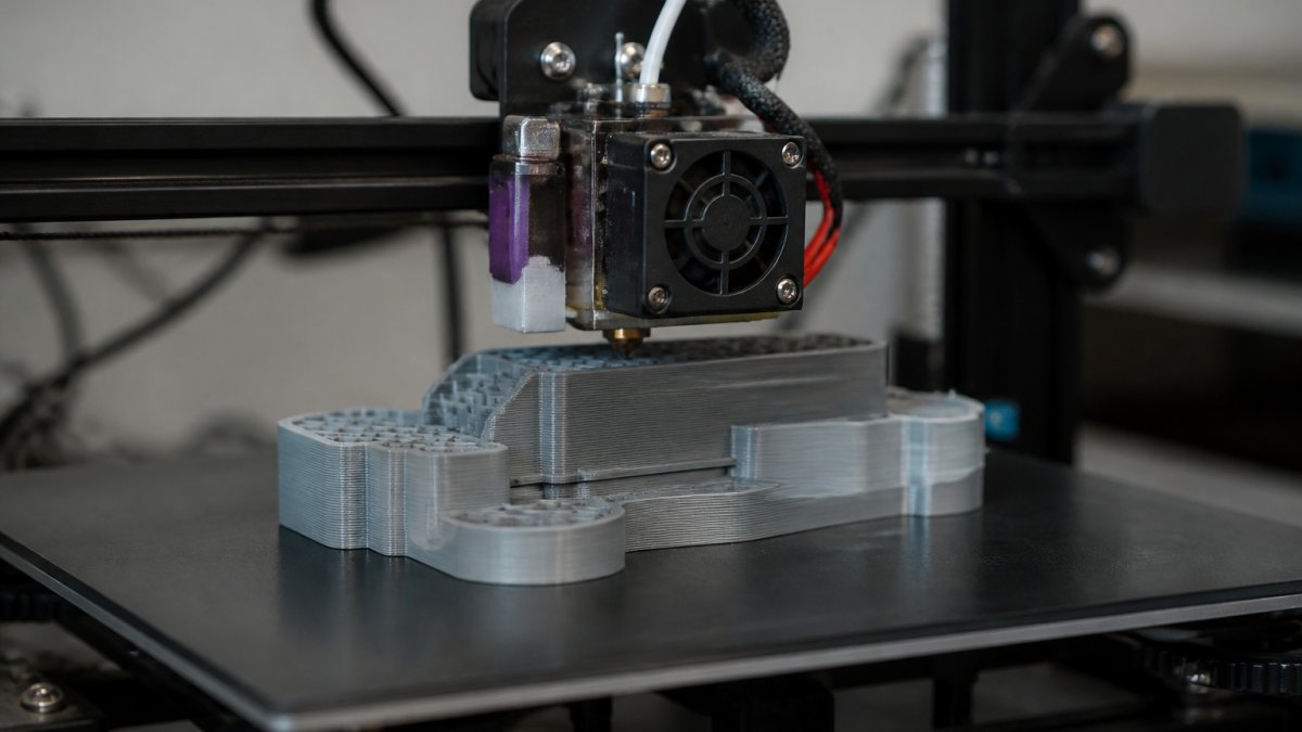 Close-up of a 3D printer nozzle depositing material layer by layer on a build platform, showing detailed prototype geometry taking shape with precision