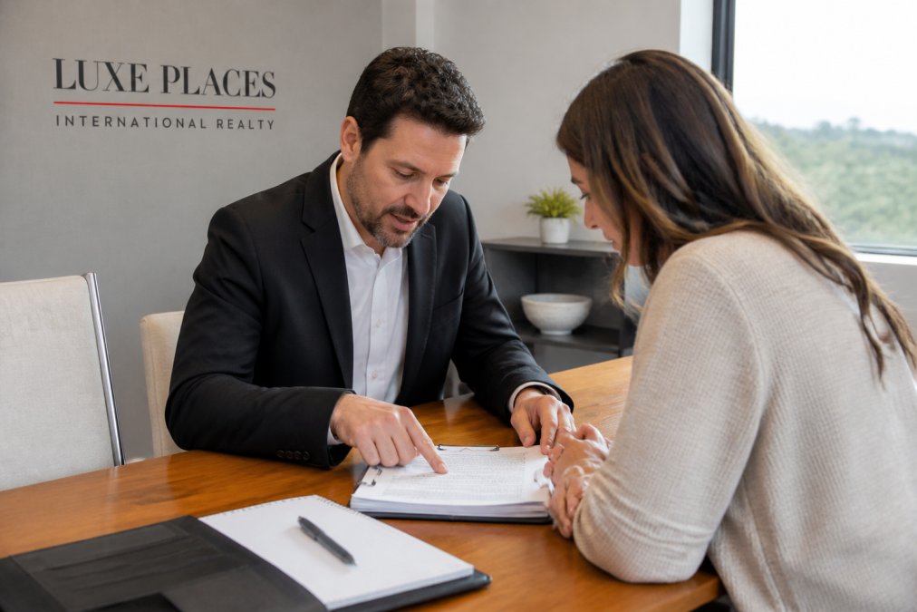 A professional real estate broker associate reviewing property documents with a client at a desk in a bright office, pointing to a contract clause while the client listens attentively