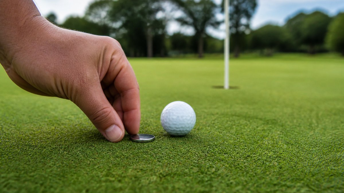 Close-up of a golfer's hand placing a small flat ball marker directly behind a golf ball on a putting green, with the flagstick blurred in the background