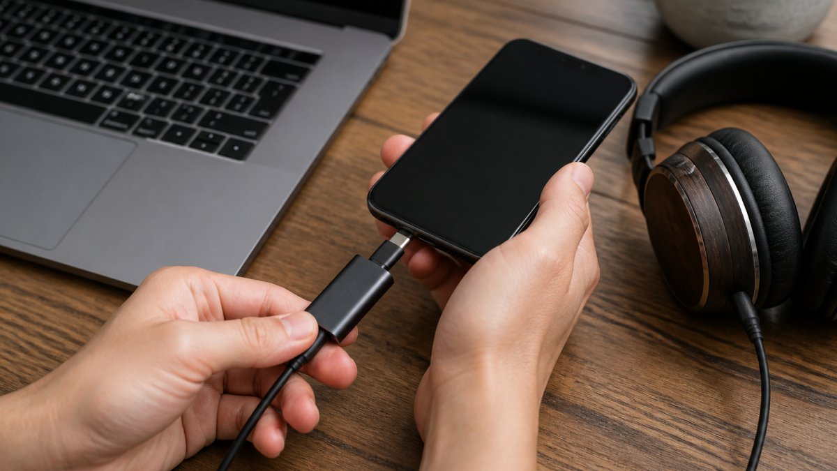 Close-up of hands plugging a small portable DAC into a smartphone with a USB-C cable, headphones resting on a wooden desk beside a laptop
