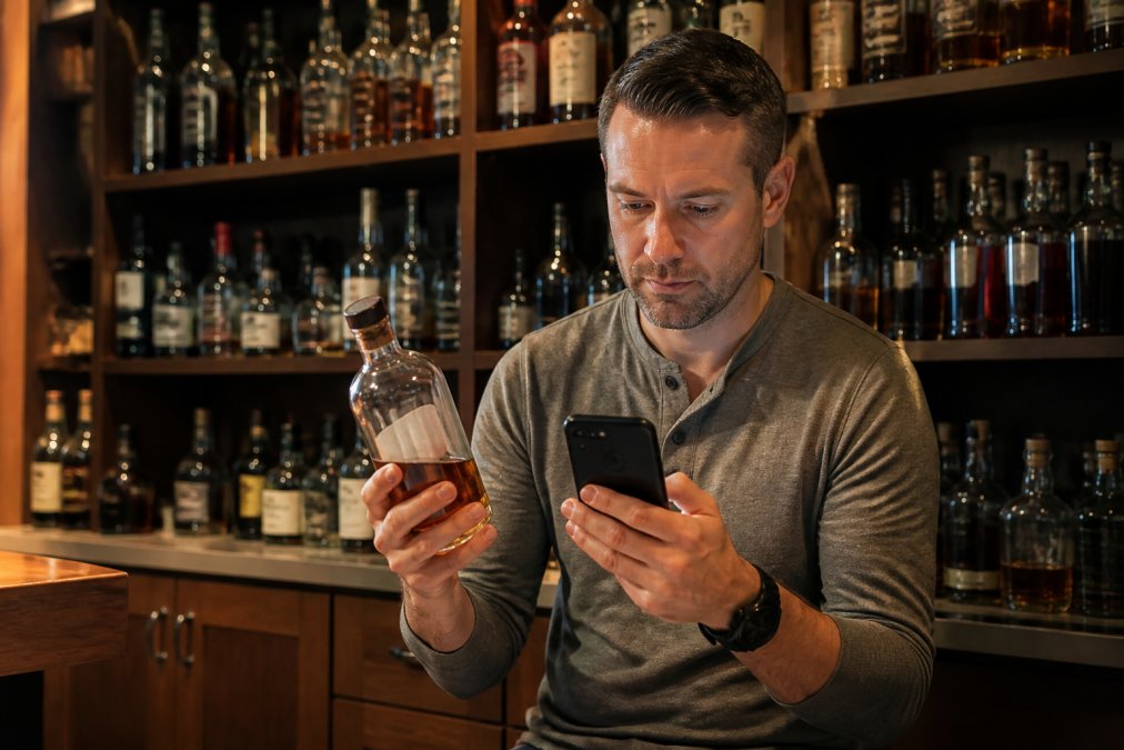 Whiskey enthusiast in casual home bar setting holding a bourbon bottle in one hand while using a smartphone with the other to log tasting notes, with multiple bottles visible on shelves in the background under warm ambient lighting