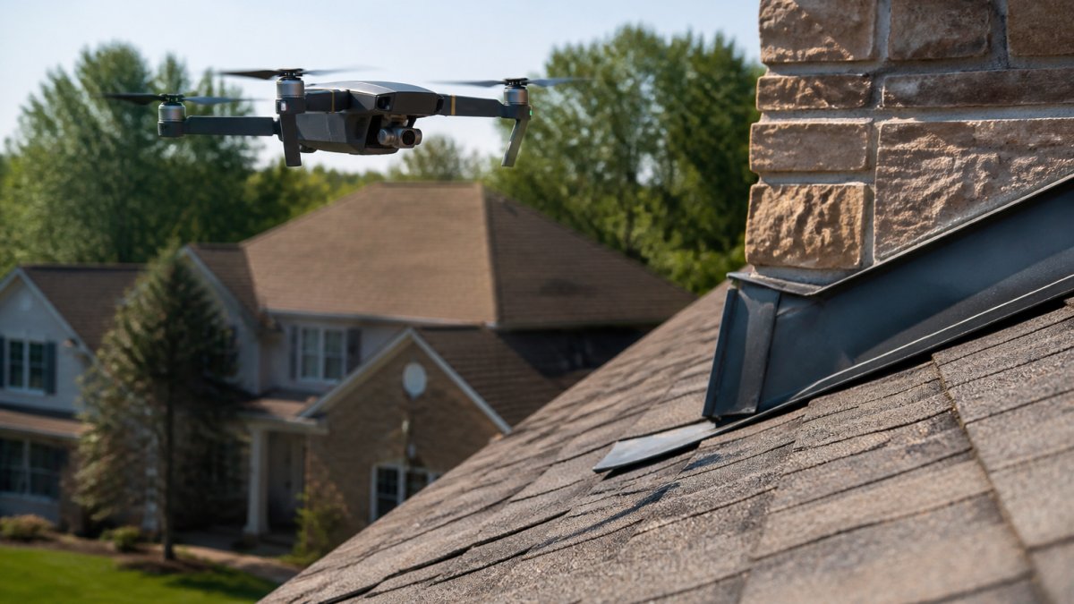 A small quadcopter drone hovering close to a residential asphalt shingle roof, capturing high-resolution images of flashing and a chimney, clear daylight, suburban house in background