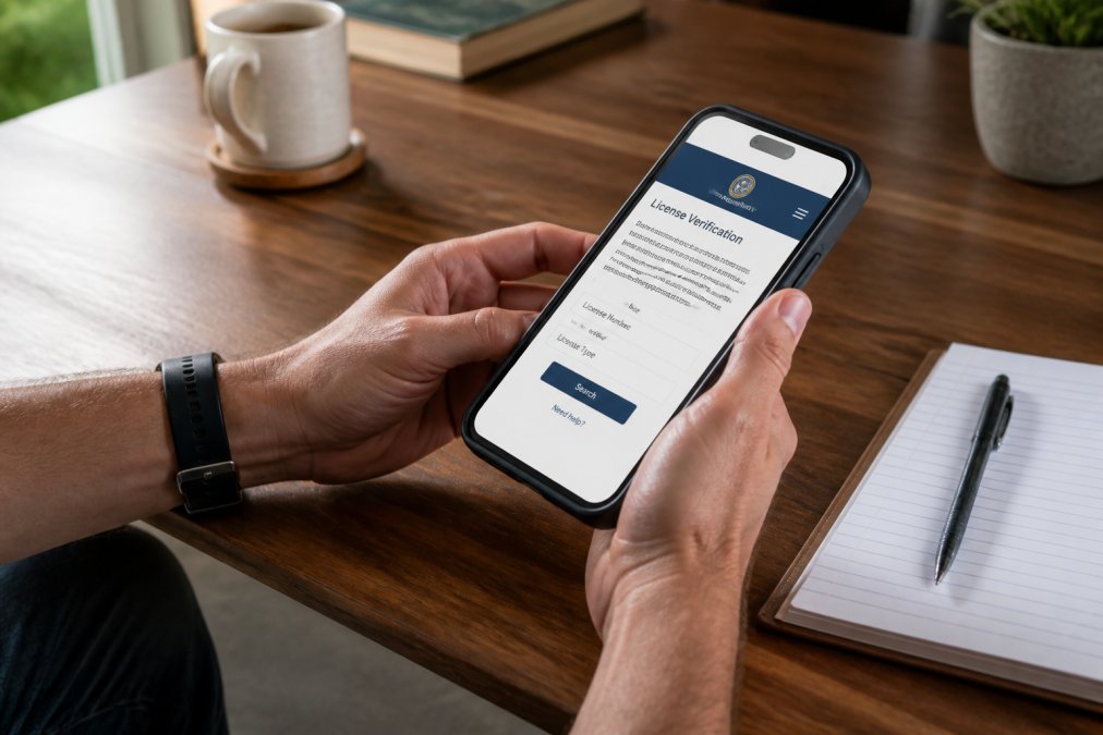 Close-up of a person's hands holding a smartphone displaying a state licensing verification website, with a notepad and pen on a wooden table nearby