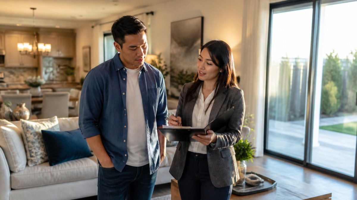Professional real estate agent and homebuyer walking through a bright, modern residential living room, discussing features and taking notes together