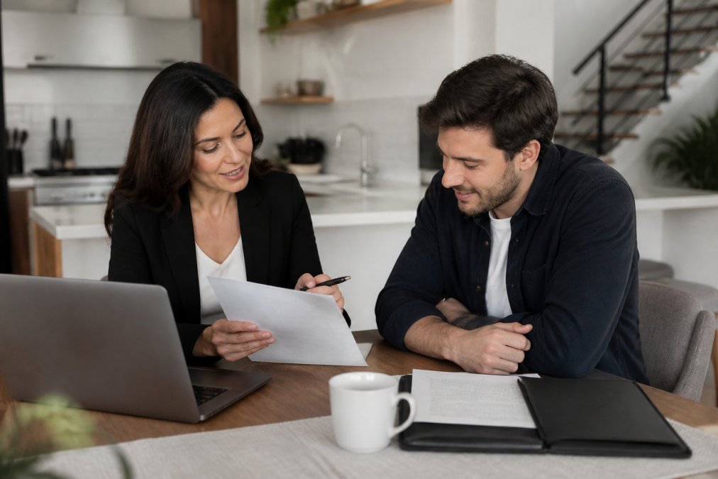Real estate agent and first-time buyer reviewing property documents together at a kitchen table with a laptop, folder, and coffee in a bright, modern home office