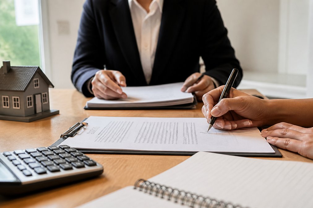 Close-up of hands signing closing documents with a pen at a wooden desk, with a title company representative in professional attire visible in the background reviewing paperwork