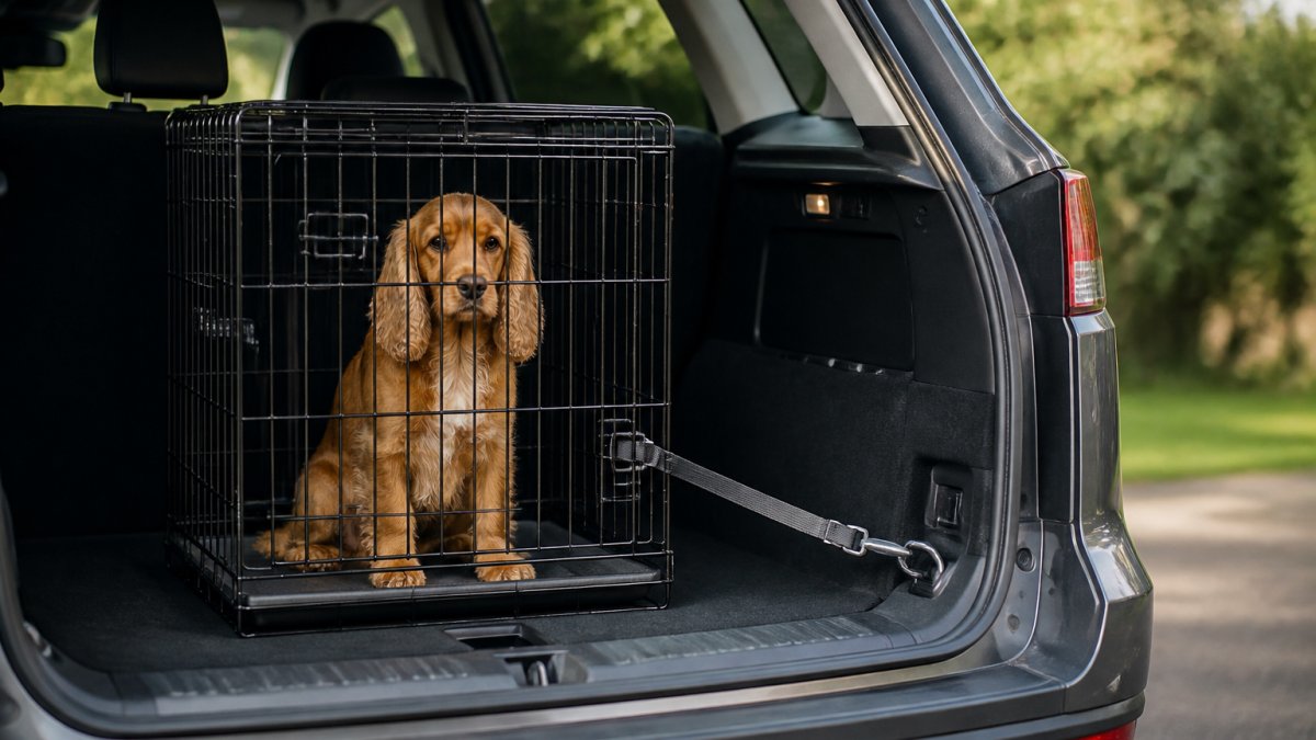 A medium-sized dog sitting calmly inside a sturdy metal crate in the boot of a car, with a strap securing the crate to a tie-down anchor, daylight, clean car interior, boot open