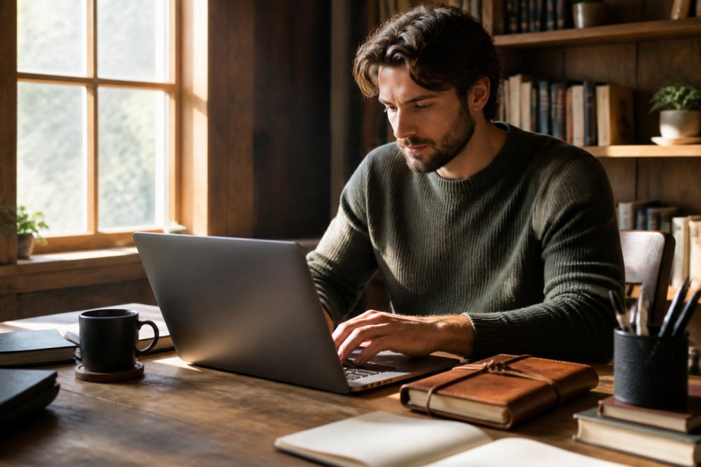 Author sitting at wooden desk with laptop and leather notebook, morning sunlight streaming through window, coffee cup beside keyboard, hands poised over keys with focused expression
