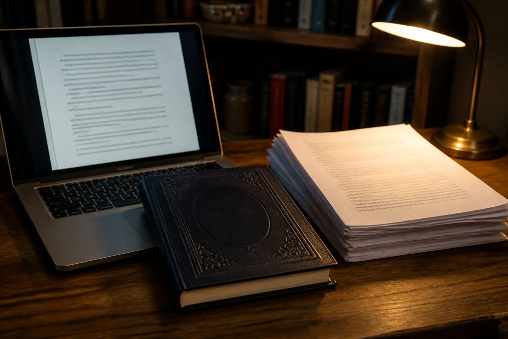Published novel with embossed cover resting on laptop keyboard displaying manuscript document, stack of printed pages beside it, warm desk lamp lighting the scene