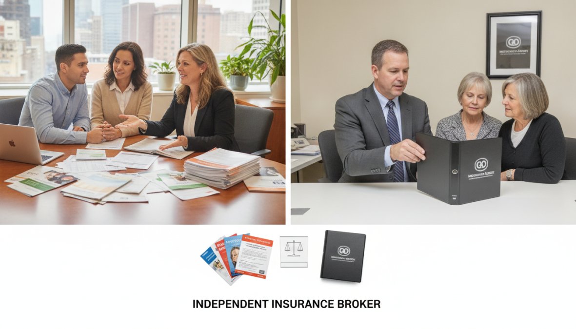 A professional insurance agent sitting across a desk from a couple, reviewing policy documents together in a modern, well-lit office with large windows and neutral decor