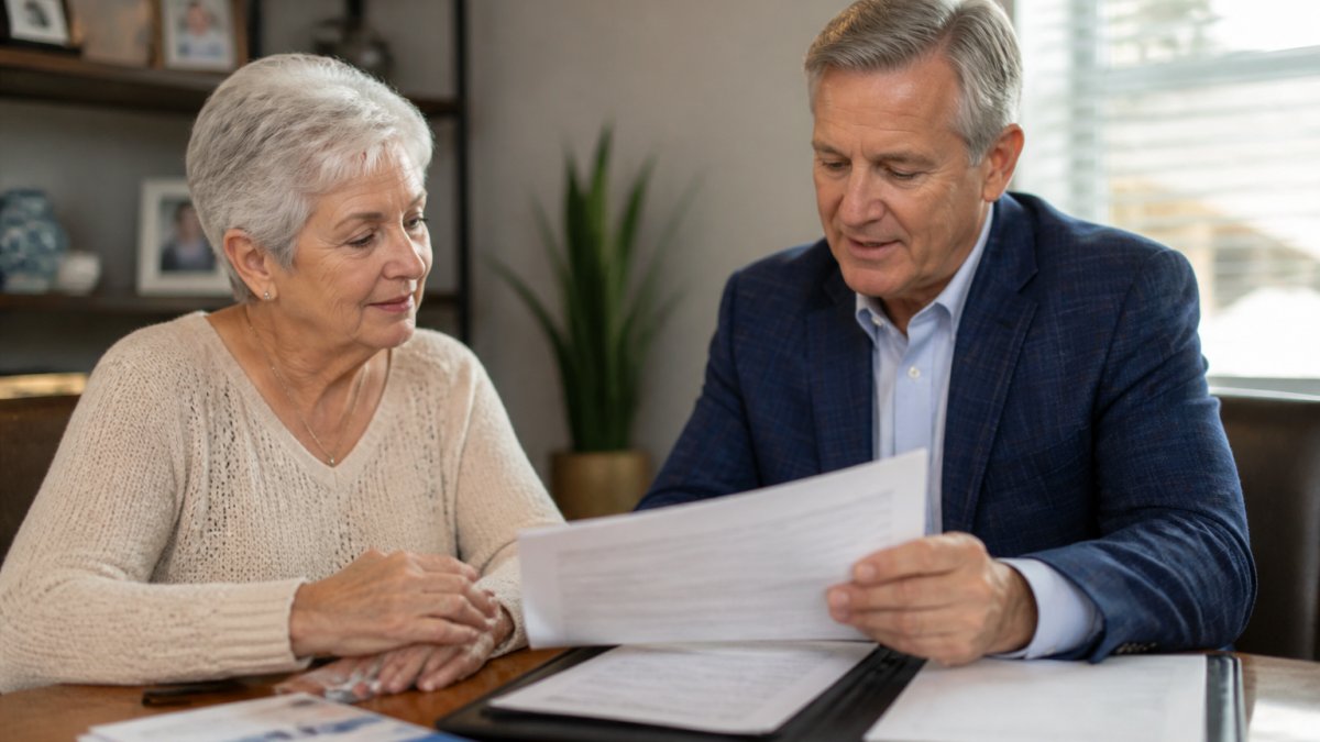 Senior adult meeting with Medicare advisor in comfortable office setting, reviewing plan documents together with calm reassuring expression, natural office lighting