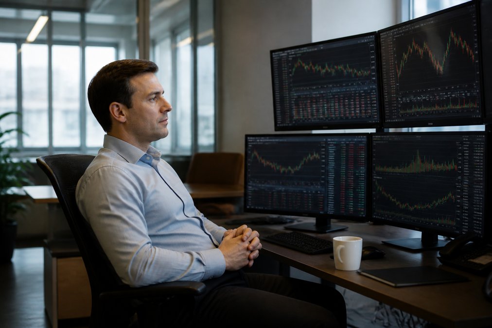 Professional trader sitting at desk with multiple monitors displaying market charts and trading data, hands relaxed on desk, coffee cup nearby, calm focused expression while monitoring automated trading execution in modern office environment