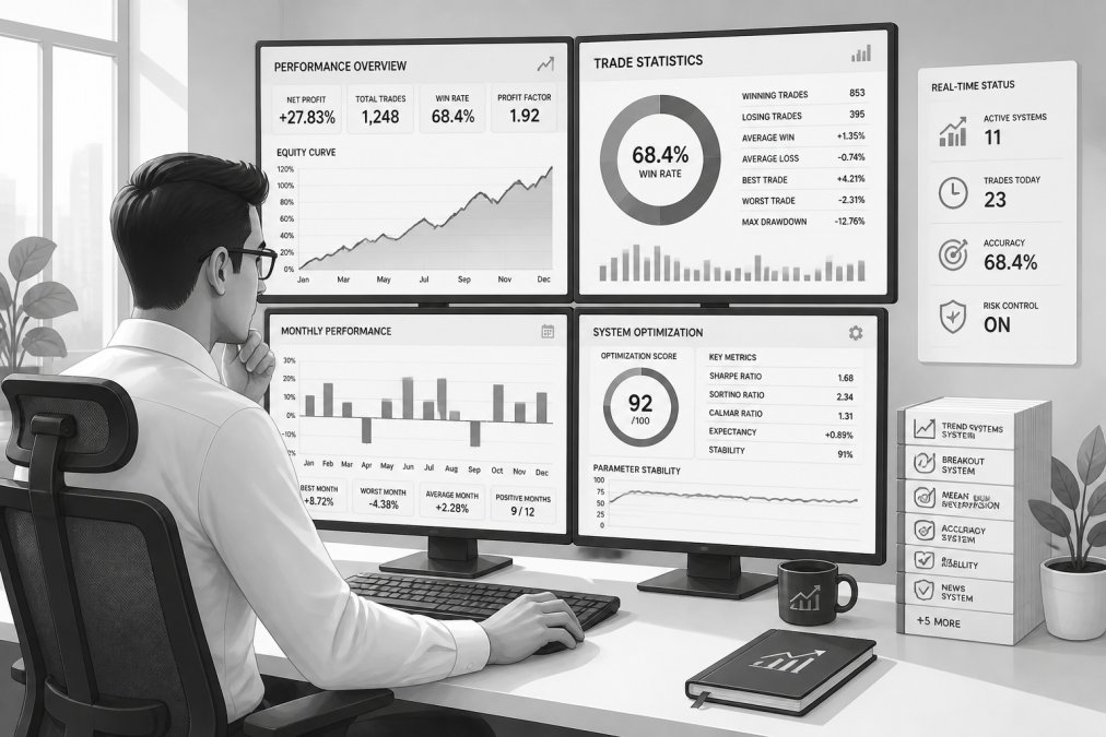 Trader at computer workstation with multiple monitors showing performance charts and trading data, reviewing system statistics and optimization reports with focused concentration, modern office setting with natural lighting