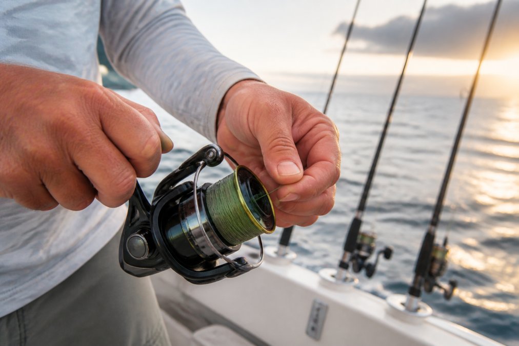 Close-up of an angler's hands spooling braided line onto a spinning reel on a boat deck, saltwater and fishing rods visible in the background, early morning light