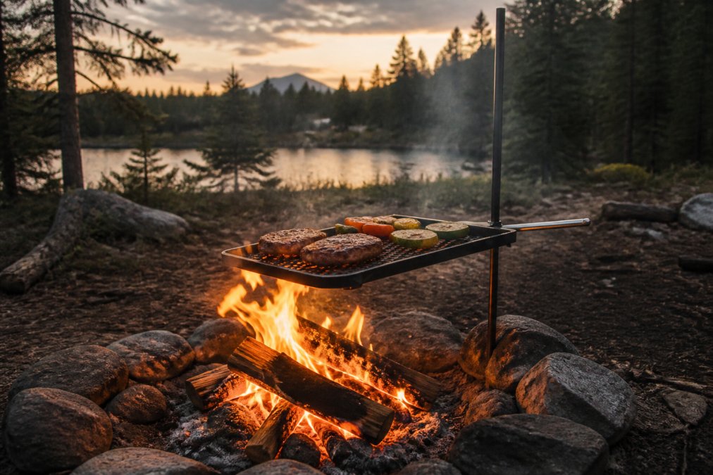A carbon steel grill set up over an active campfire in wilderness at dusk, flames visible beneath the cooking surface with food sizzling on the grate, showing the characteristic dark seasoning patina