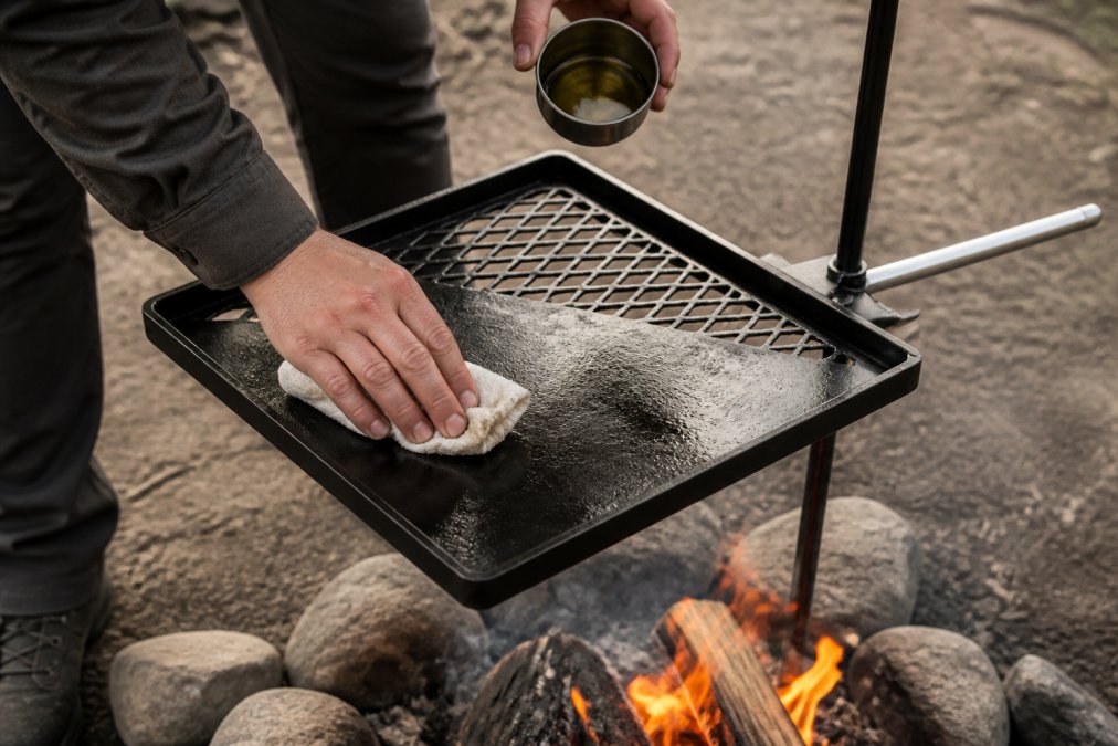 Close-up of hands wiping and seasoning a carbon steel grill surface with oil-soaked cloth at a campsite, showing proper field maintenance technique with the grill still warm from cooking