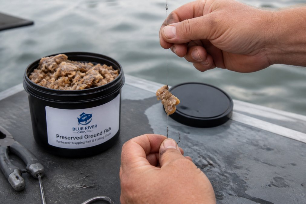 Close-up of angler's hands demonstrating hair rig setup with carp cut bait secured on fishing line, hook positioned below the bait chunk with proper spacing, natural outdoor lighting on water