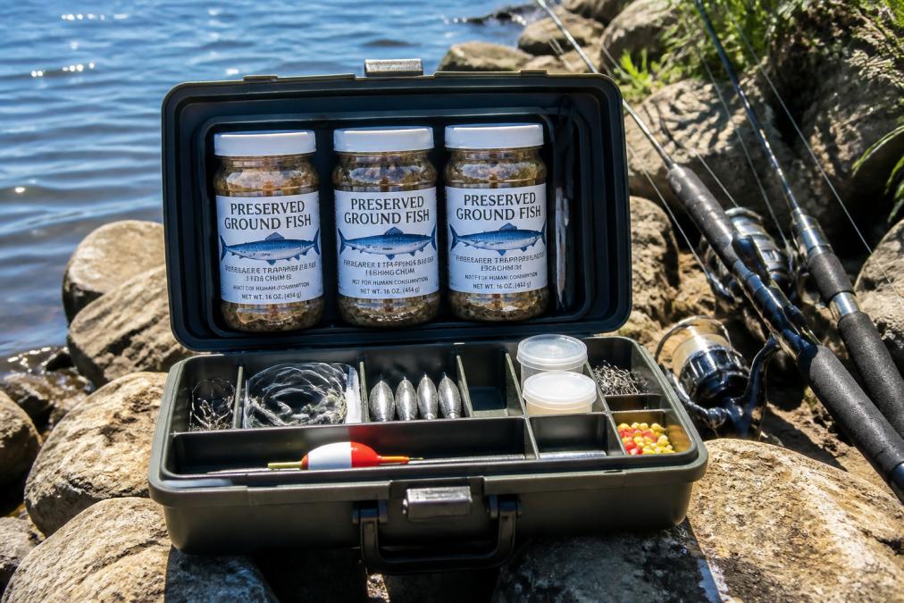 Angler's open tackle box displaying packaged carp bait containers alongside fishing rod, reels, and terminal tackle, ready for immediate deployment on sunny shoreline