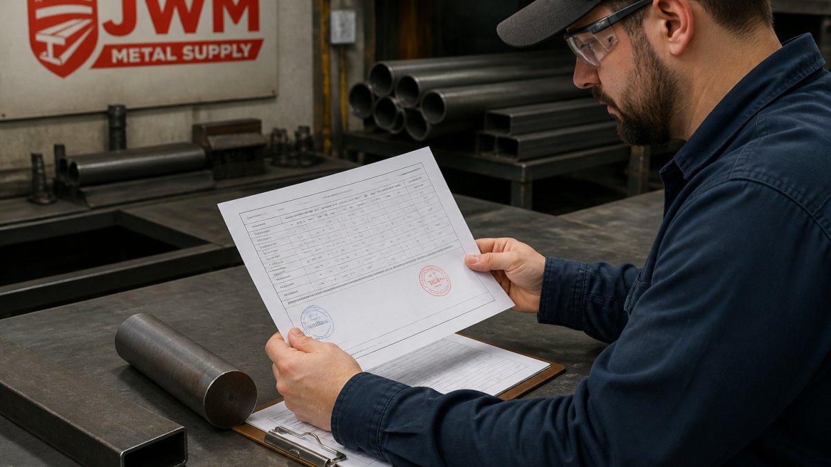 Professional examining mill test report document with steel certification stamps and material sample on workbench in workshop setting