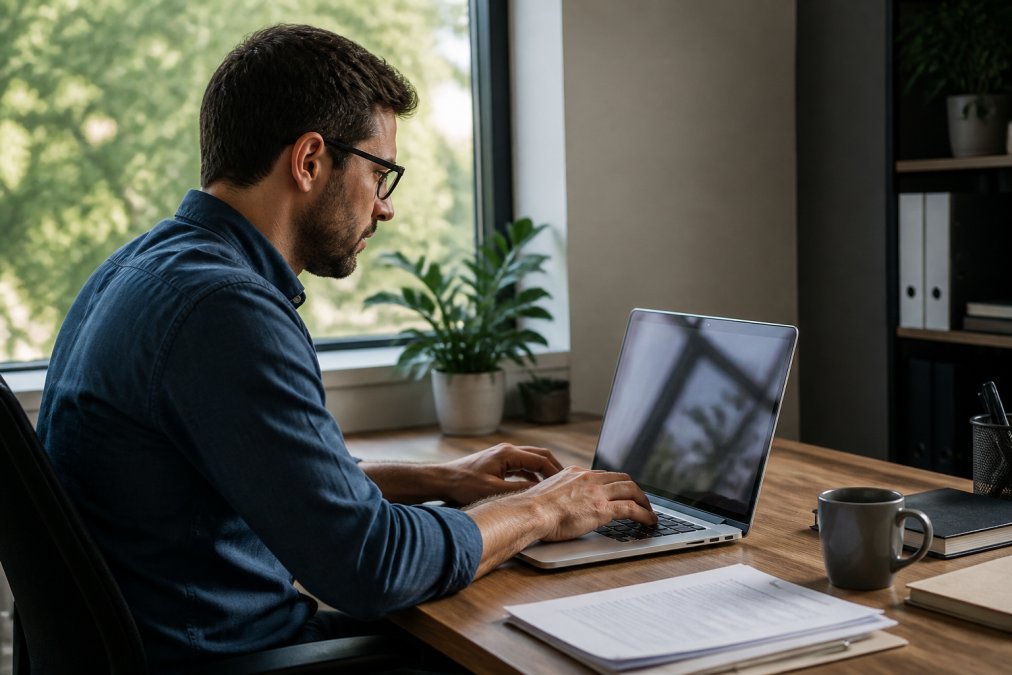 Professional working at laptop in private office with document management interface visible on screen, natural lighting from window emphasizing secure, focused work environment