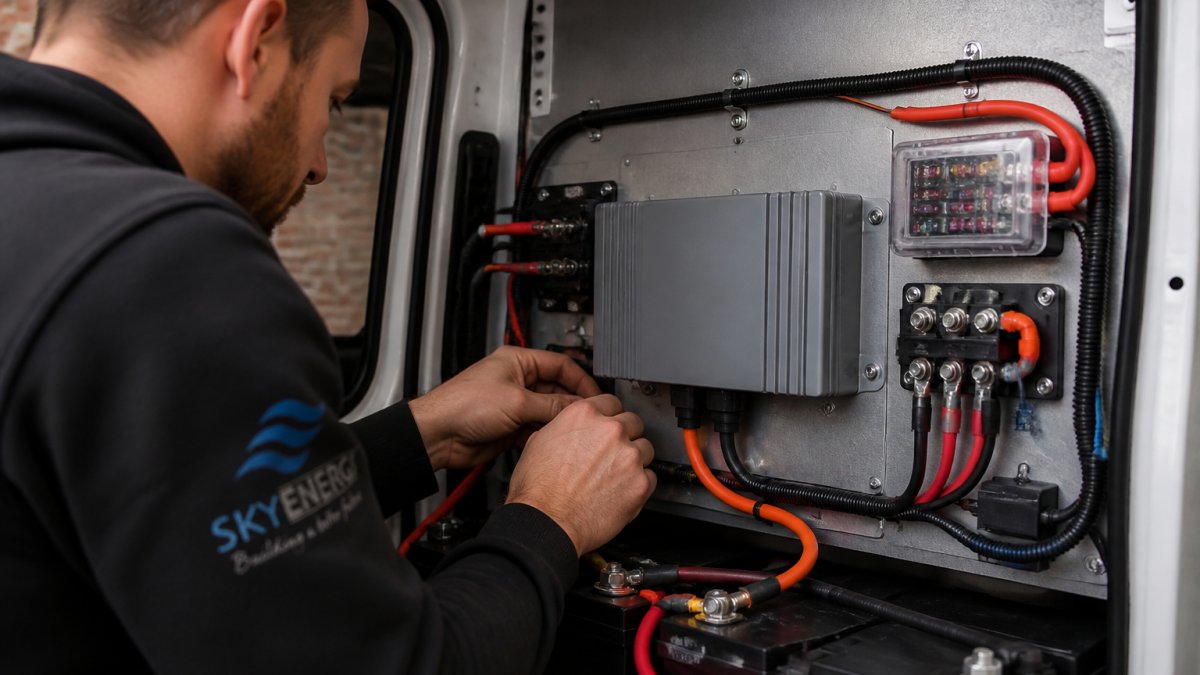 Professional technician installing a DC-to-DC charger in a van electrical compartment, with battery terminals, fuses, and colour-coded cables visible against a metal mounting plate