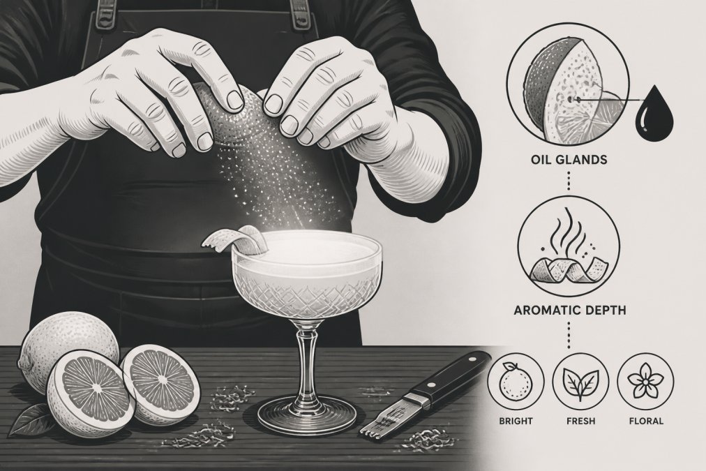 Bartender's hands expressing fresh citrus zest over a finished cocktail, aromatic oils visible in the light, with fresh citrus halves and a bar knife on a wooden bar surface