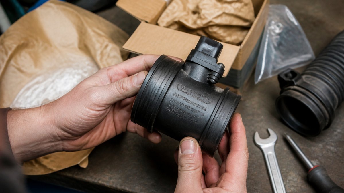 Close-up of hands holding an Audi OEM part with visible part number, serial markings, professional packaging, and quality manufacturing details in clear lighting