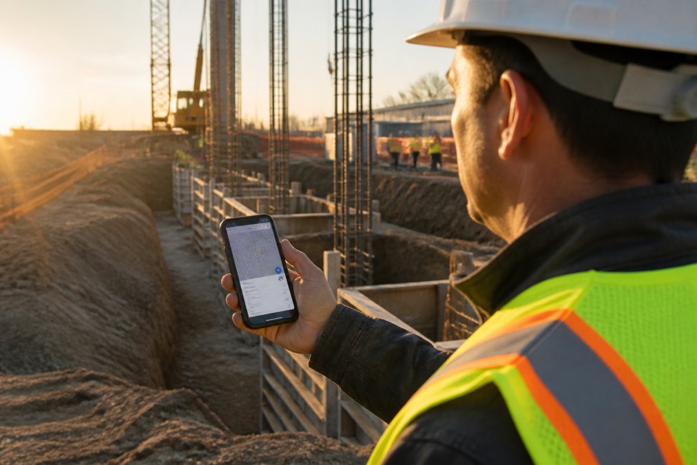 Field inspector holding an Android device outdoors on a construction site, viewing GPS location coordinates on screen with latitude and longitude numbers visible, wearing a safety vest and hard hat, morning sunlight