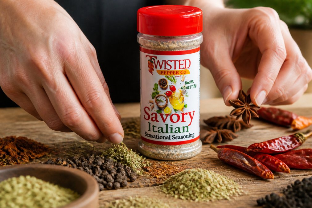 Close-up of hands arranging whole spices and dried herbs on a wooden surface, showing individual ingredients like peppercorns, star anise, and dried chilies ready to be blended