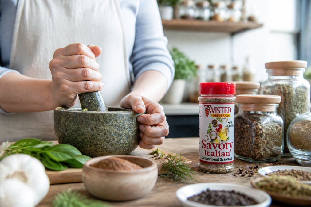 A home cook using a mortar and pestle to grind spices in a bright kitchen, with jars of handcrafted blends visible in the background