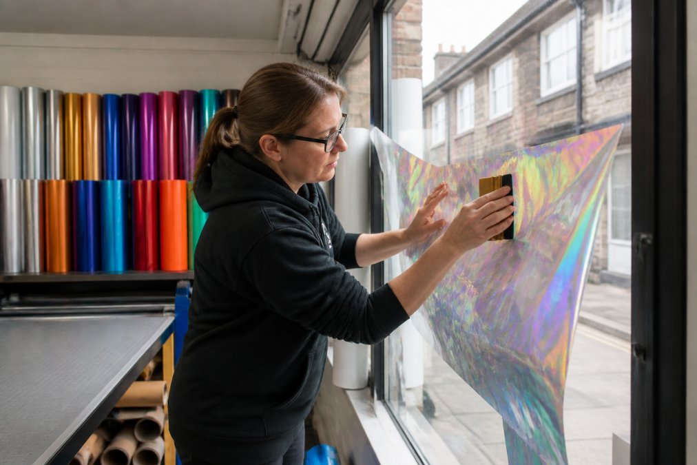 A sign maker in a Leeds workshop applying holographic vinyl to a shop window sign with a squeegee, rolls of coloured vinyl stacked on a workbench behind them, natural daylight through the workshop window