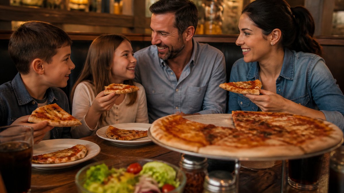 A happy family sharing a meal at a local pizzeria that offers local rewards programs to loyal customers.