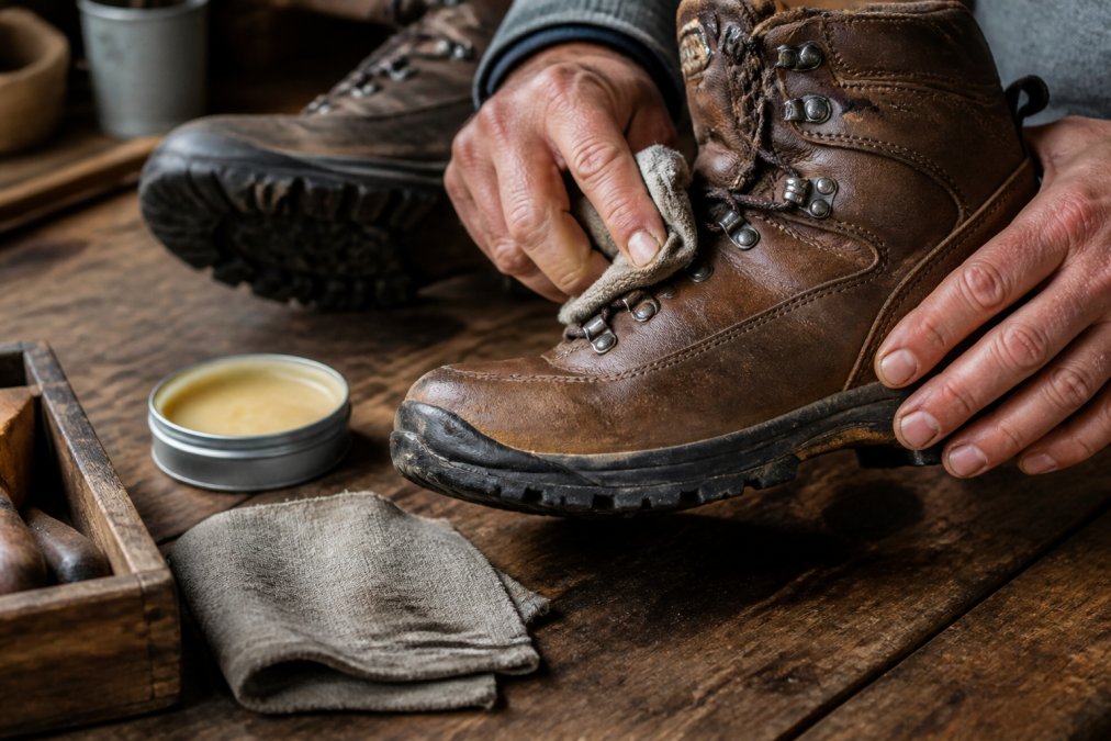 Applying natural wax to weathered hiking boots on a wooden workbench to understand why use natural wax on leather.
