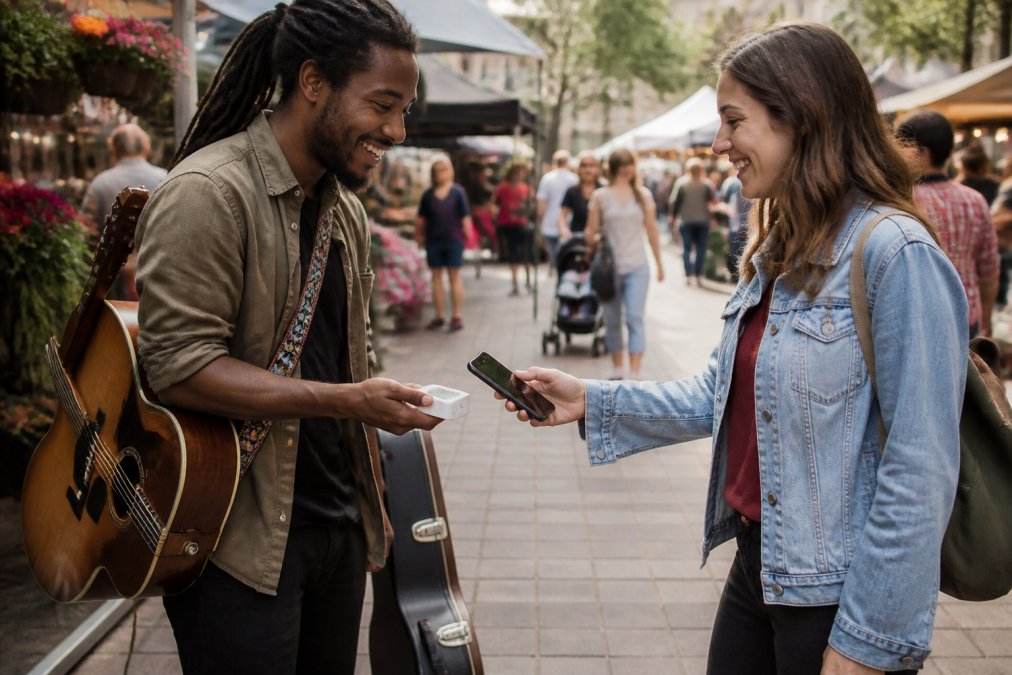 A supporter uses a smartphone to open a street performer's NFC support checkout.