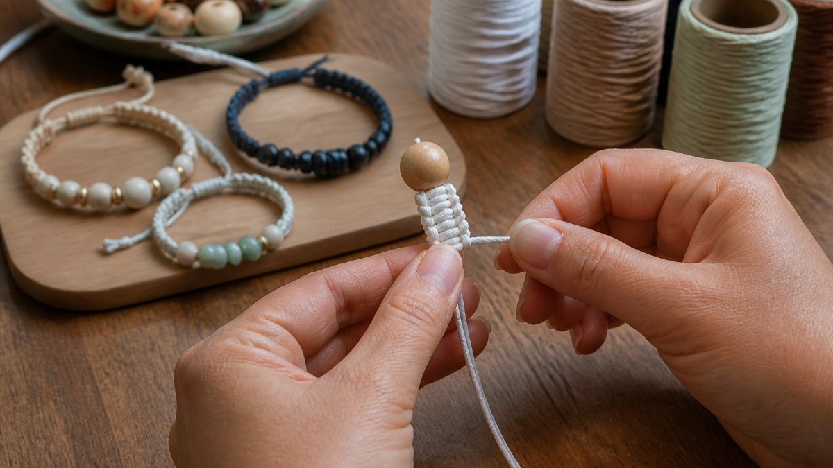 Step-by-step diagram showing the process of tying a spiral knot with white nylon cord around a wooden bead