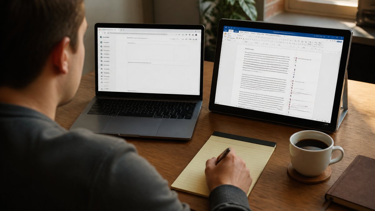 A writer at a wooden desk comparing two screens, a laptop open to a browser text tool on the left and a Word document with visible formatting marks on the right, with a paper notepad and coffee nearby in warm afternoon light
