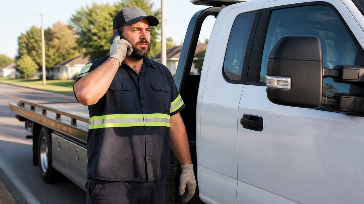 Professional tow truck driver in uniform standing beside a well-maintained flatbed tow truck during daytime, holding phone to ear while looking at the road ahead, demonstrating direct communication and accountability