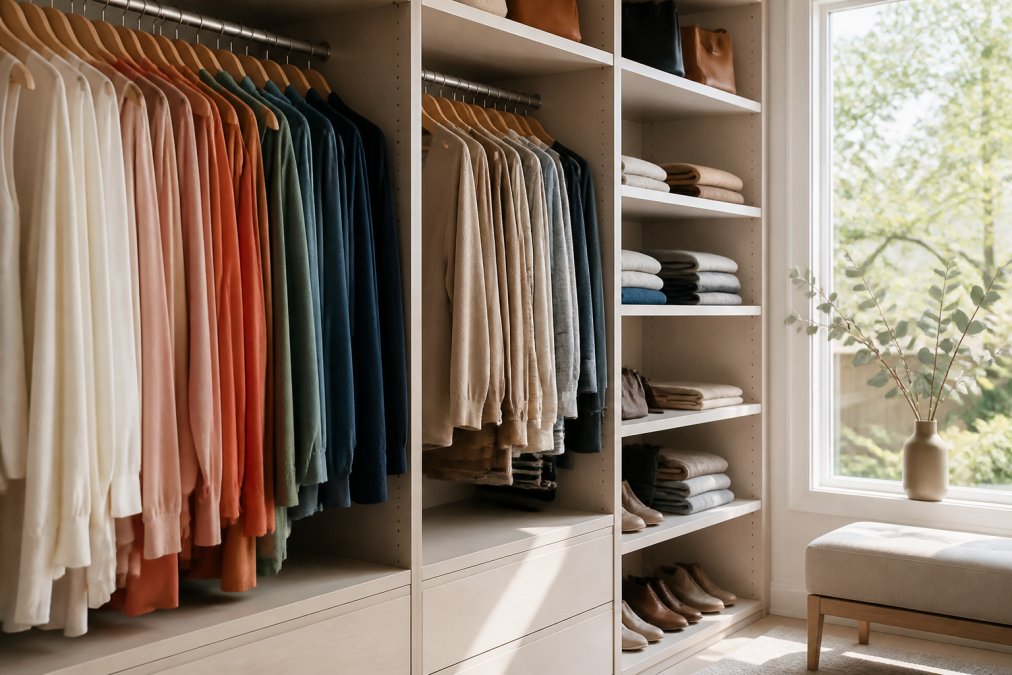 Well-organized closet with coordinated clothing on hangers arranged by color, shelves with folded accessories, and soft natural lighting from a nearby window showing the results of professional wardrobe curation
