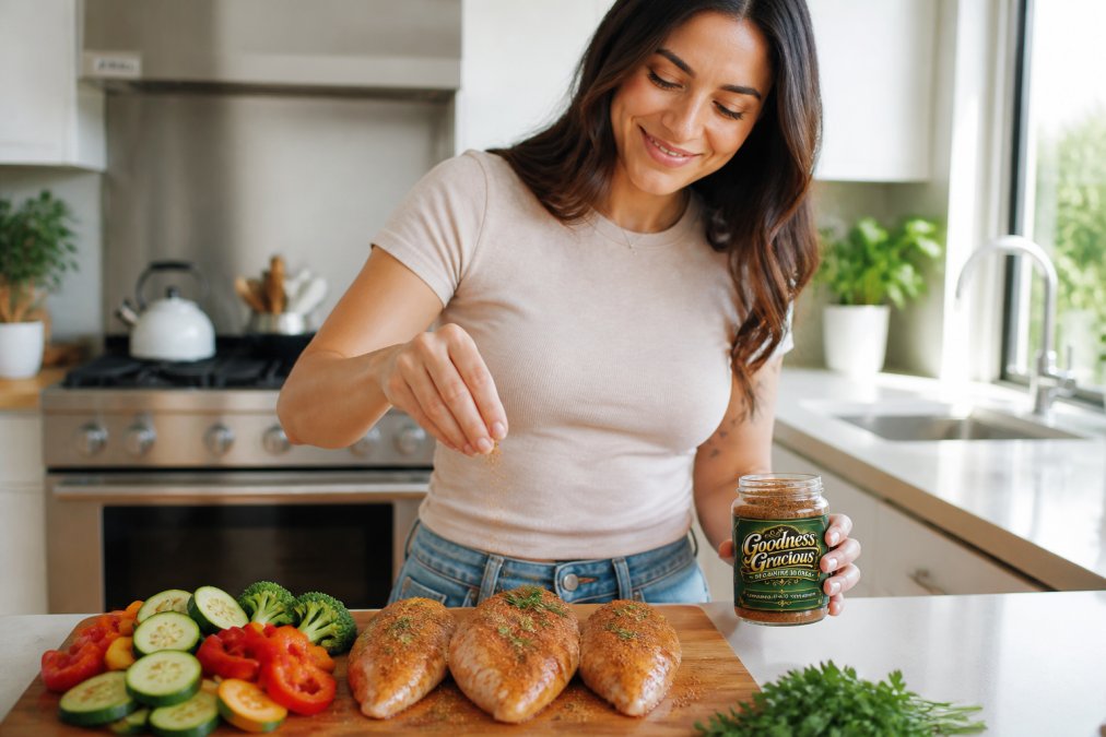 Home cook in bright, modern kitchen sprinkling a pre-mixed seasoning blend from a glass jar onto chicken breasts and fresh vegetables on a cutting board, with a relaxed, satisfied expression