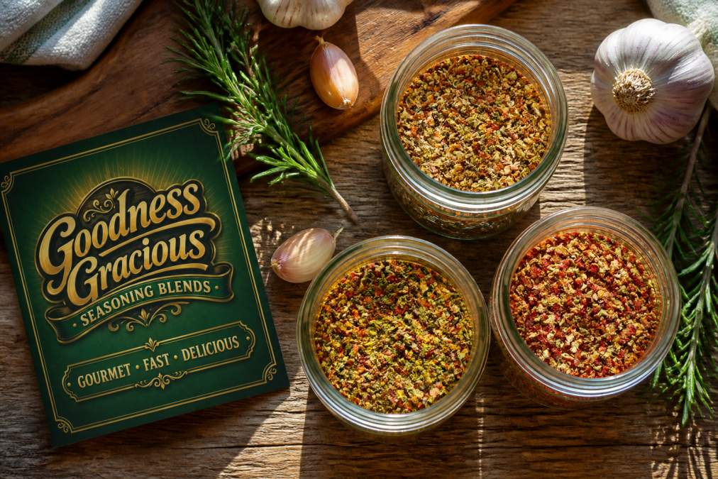 Overhead flat lay of three open glass jars containing vibrant, colorful seasoning blends with visible spices and herbs, arranged on a natural wooden countertop with fresh rosemary sprigs, garlic cloves, and a cutting board nearby in warm afternoon sunlight
