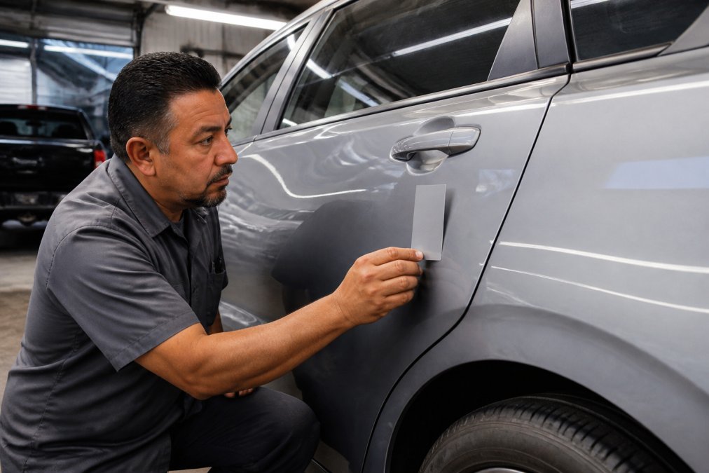 Technician checking a color match on a car panel using premium PPG products in an auto body shop