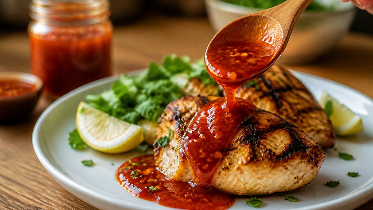 Close-up of wooden spoon drizzling glossy chilli sauce over grilled chicken breast with fresh herbs and lemon wedges on a white plate, warm kitchen lighting