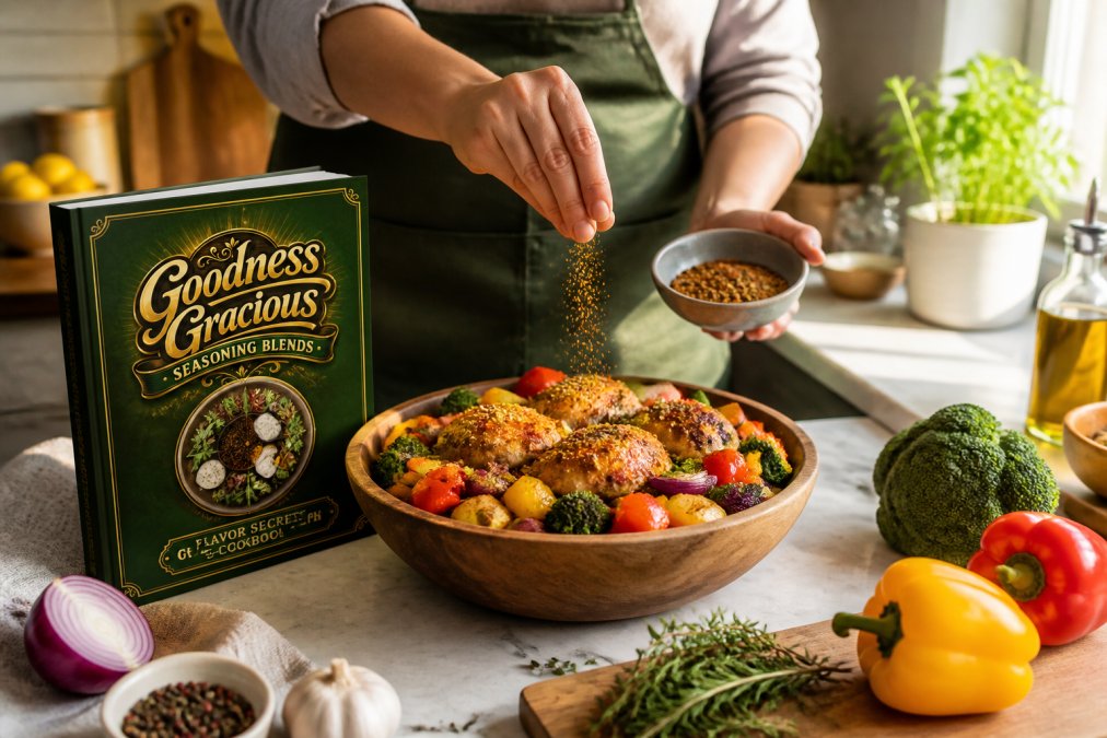 Home cook sprinkling a vibrant seasoning blend over roasted vegetables and chicken in a wooden bowl on a bright kitchen counter, with natural sunlight highlighting the colorful spices